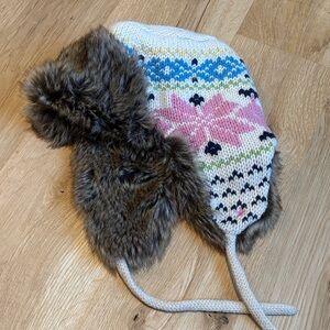 Cozy Knit Hat with Faux Fur Trim - Pink and Brown